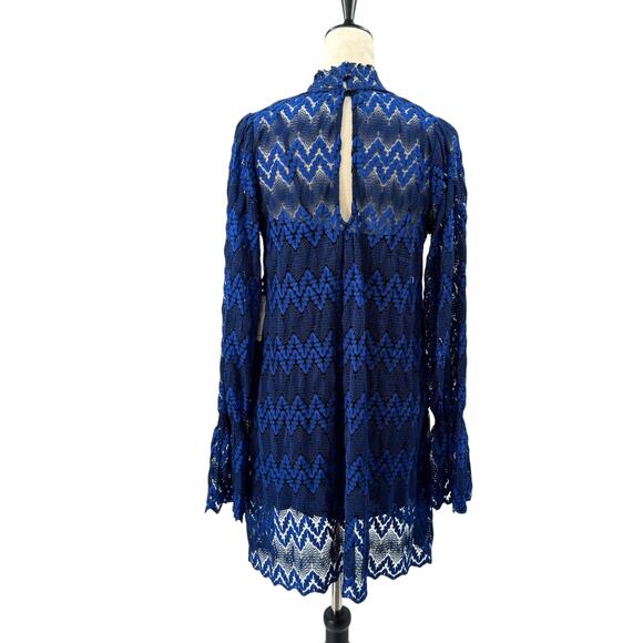 Free People NWT Simone Blue & Black Lace Long Flounce Sleeve Mini Dress - Picture 6 of 16